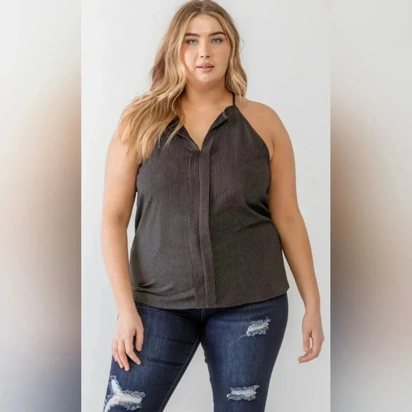 Zenobia Tops - Plus Size Black Striped Print Sleeveless Strappy Tank Top #425-430